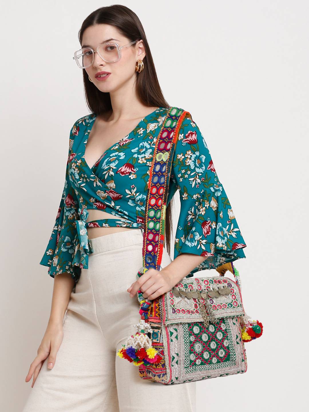 Bohemian Handbag- Green Silver Zari Handwork