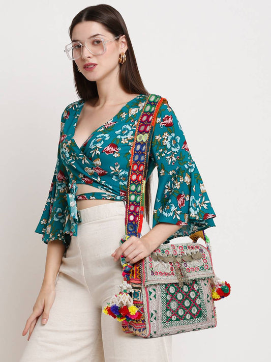 Bohemian Handbag- Green Silver Zari Handwork