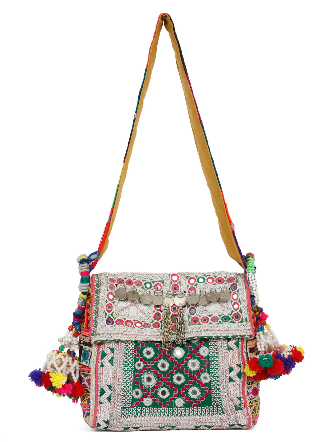 Bohemian Handbag- Green Silver Zari Handwork