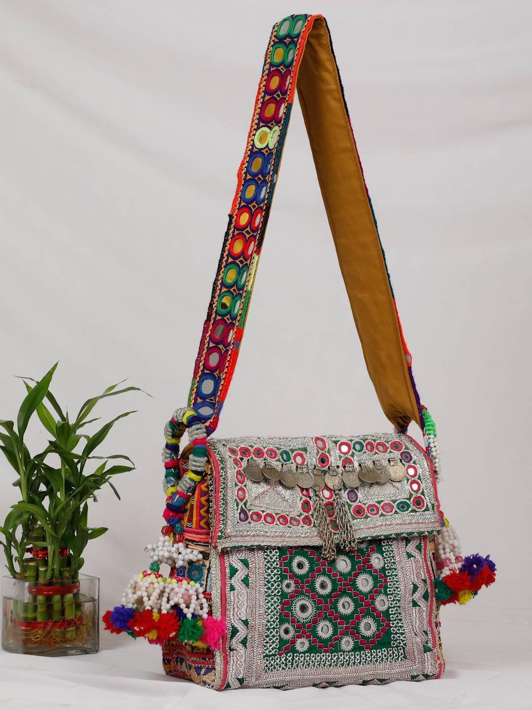 Bohemian Handbag- Green Silver Zari Handwork